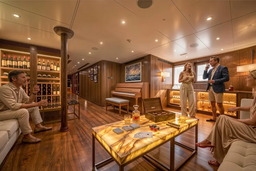 Gasten in de lounge op het bovendek