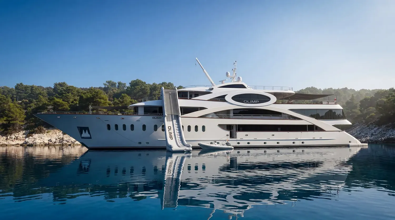 Een jacht voor anker in een stille baai, klaar voor watersport